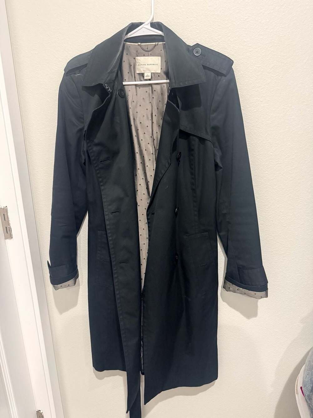 Banana Republic Black Belted Trench Coat with Polka Dot Lining Size L